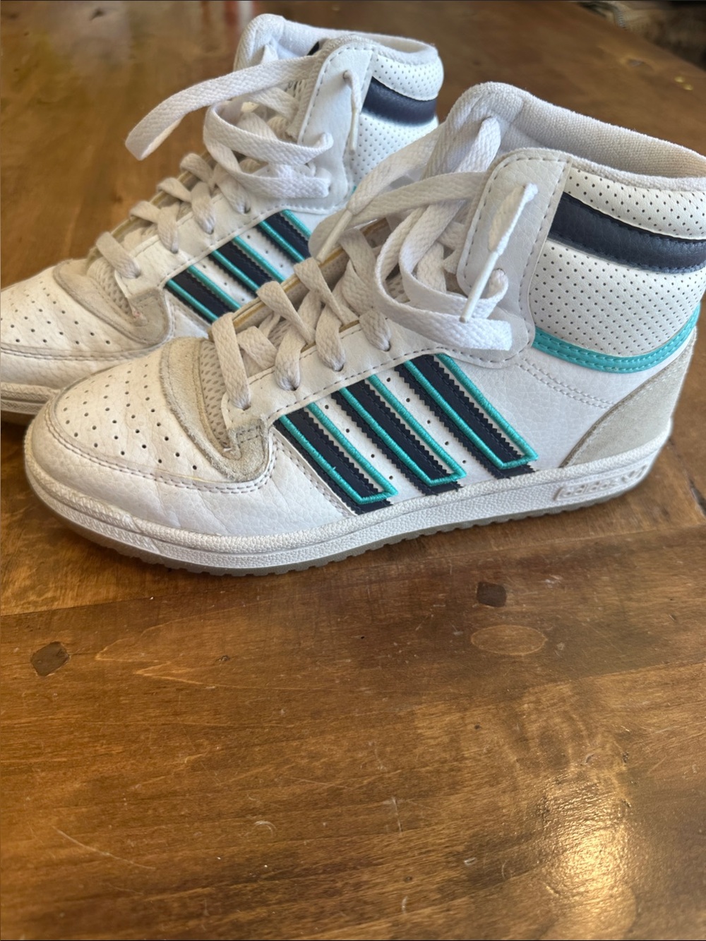 adidas White High-Top Sneakers with Teal & Black Stripes - Kids